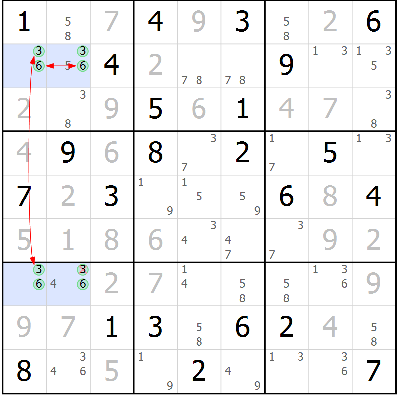 Position des candidats pour la solution de la Gr 81 page 84 du magazine de sudoku Maestro n° 087
