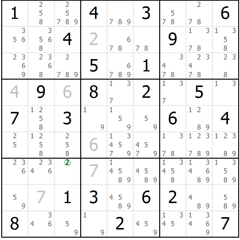 Position des candidats pour la solution de la Gr 81 page 84 du magazine de sudoku Maestro n° 087