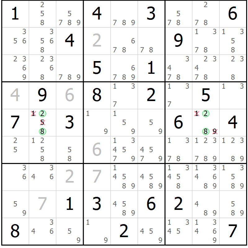 Position des candidats pour la solution de la Gr 81 page 84 du magazine de sudoku Maestro n° 087