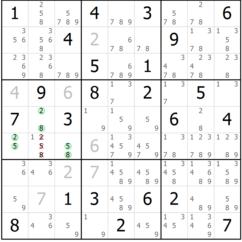 Position des candidats pour la solution de la Gr 81 page 84 du magazine de sudoku Maestro n° 087