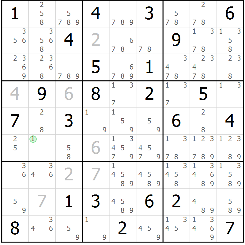 Position des candidats pour la solution de la Gr 81 page 84 du magazine de sudoku Maestro n° 087