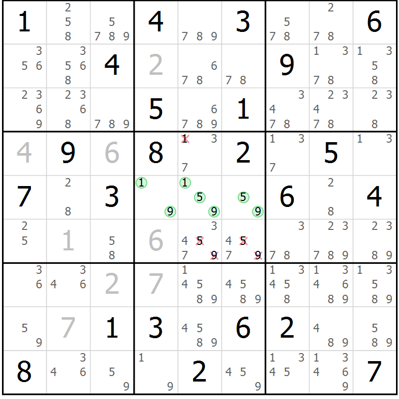 Position des candidats pour la solution de la Gr 81 page 84 du magazine de sudoku Maestro n° 087