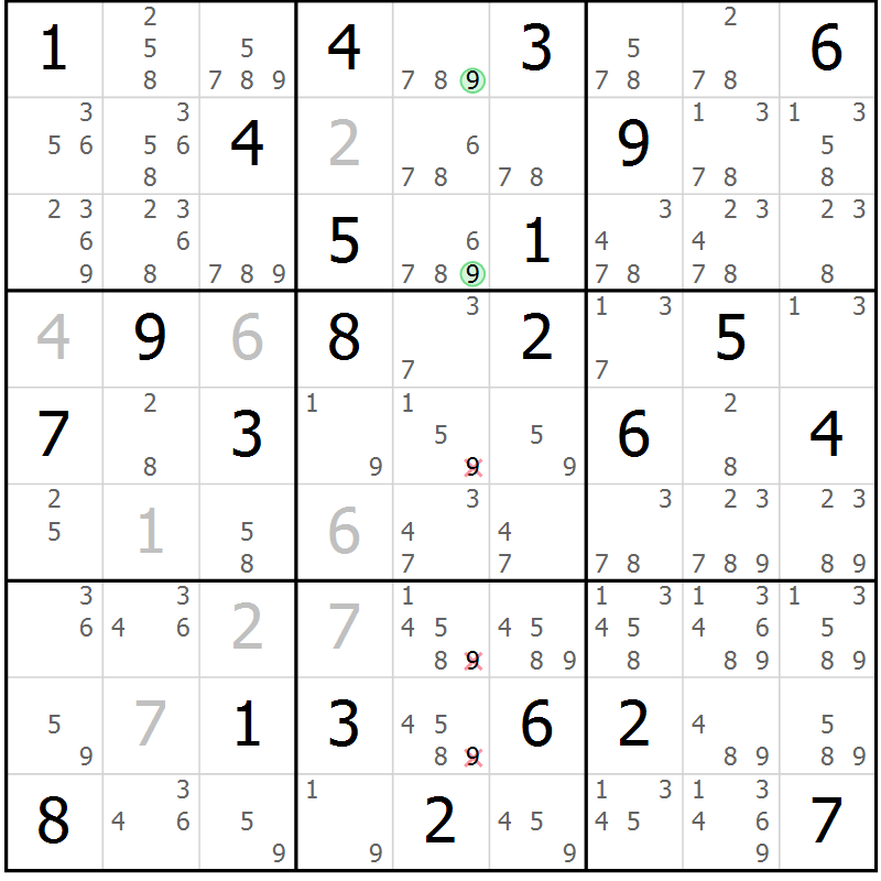 Position des candidats pour la solution de la Gr 81 page 84 du magazine de sudoku Maestro n° 087