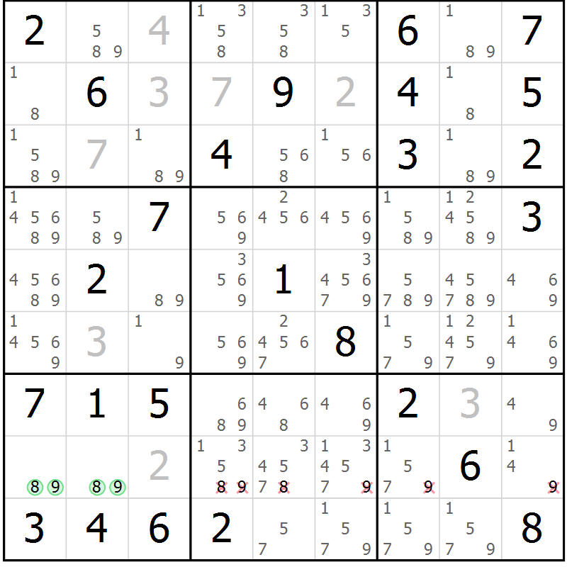 Position des candidats pour la solution de la Gr 82 page 85 du magazine de sudoku Maestro n° 087