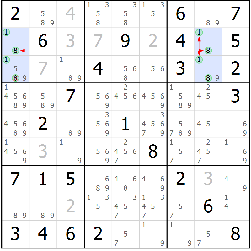 Position des candidats pour la solution de la Gr 82 page 85 du magazine de sudoku Maestro n° 087