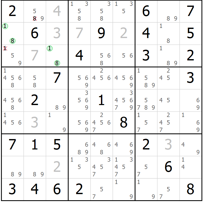 Position des candidats pour la solution de la Gr 82 page 85 du magazine de sudoku Maestro n° 087