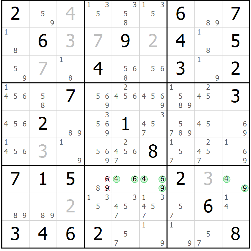 Position des candidats pour la solution de la Gr 82 page 85 du magazine de sudoku Maestro n° 087