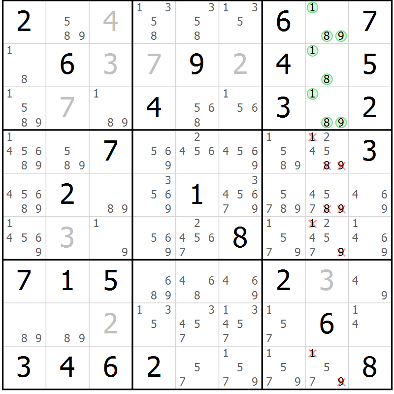 Position des candidats pour la solution de la Gr 82 page 85 du magazine de sudoku Maestro n° 087