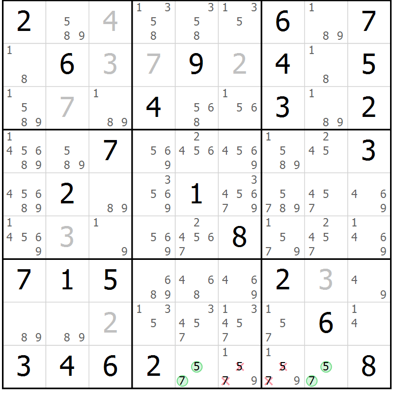 Position des candidats pour la solution de la Gr 82 page 85 du magazine de sudoku Maestro n° 087