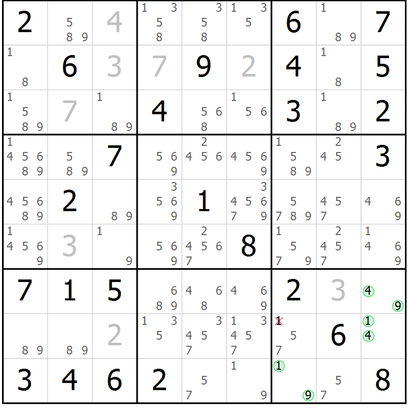 Position des candidats pour la solution de la Gr 82 page 85 du magazine de sudoku Maestro n° 087