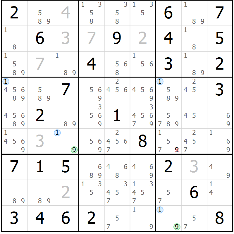 Position des candidats pour la solution de la Gr 82 page 85 du magazine de sudoku Maestro n° 087