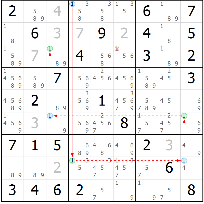 Position des candidats pour la solution de la Gr 82 page 85 du magazine de sudoku Maestro n° 087