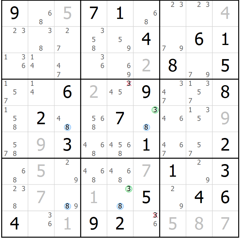Position des candidats pour la solution de la Gr 83 page 86 du magazine de sudoku Maestro n° 087