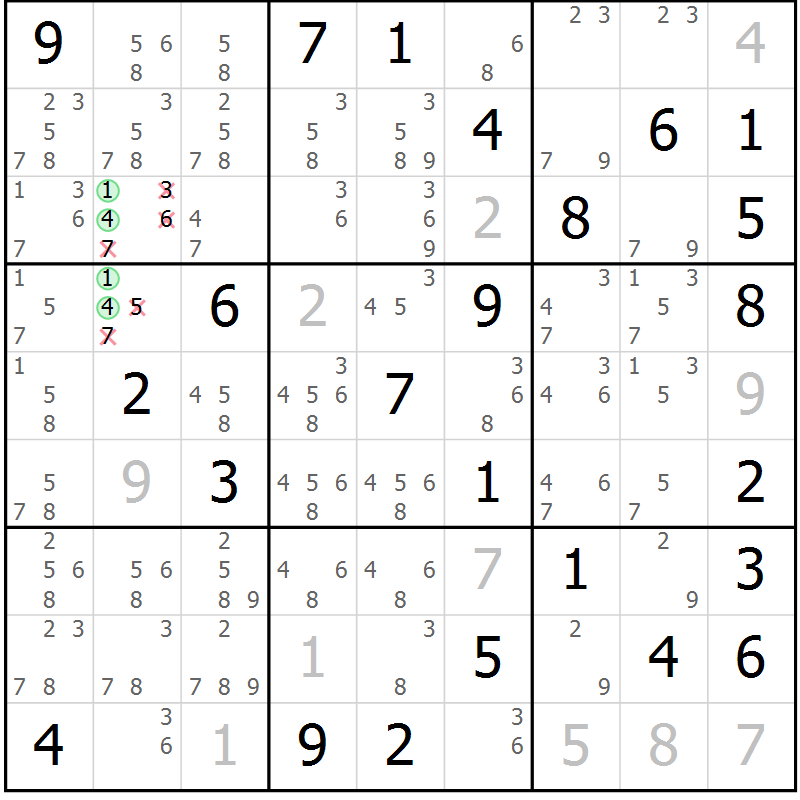 Position des candidats pour la solution de la Gr 83 page 86 du magazine de sudoku Maestro n° 087