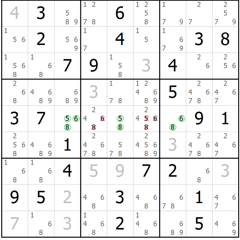 Position des candidats pour la solution de la Gr 84 page 87 du magazine de sudoku Maestro n° 087