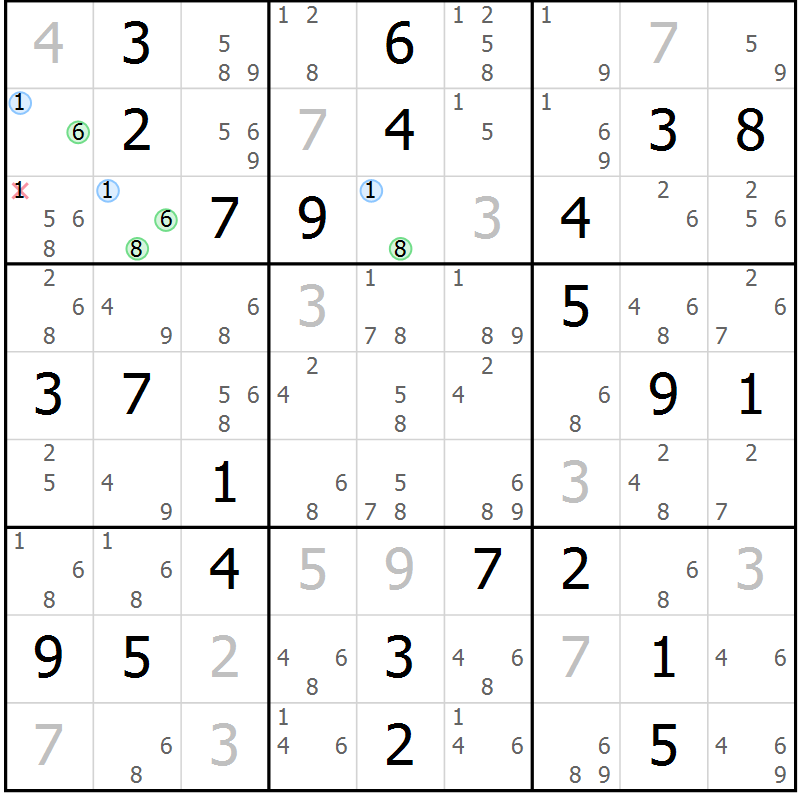 Position des candidats pour la solution de la Gr 84 page 87 du magazine de sudoku Maestro n° 087