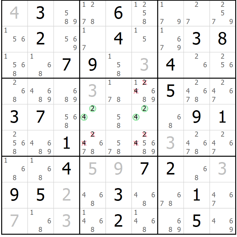Position des candidats pour la solution de la Gr 84 page 87 du magazine de sudoku Maestro n° 087