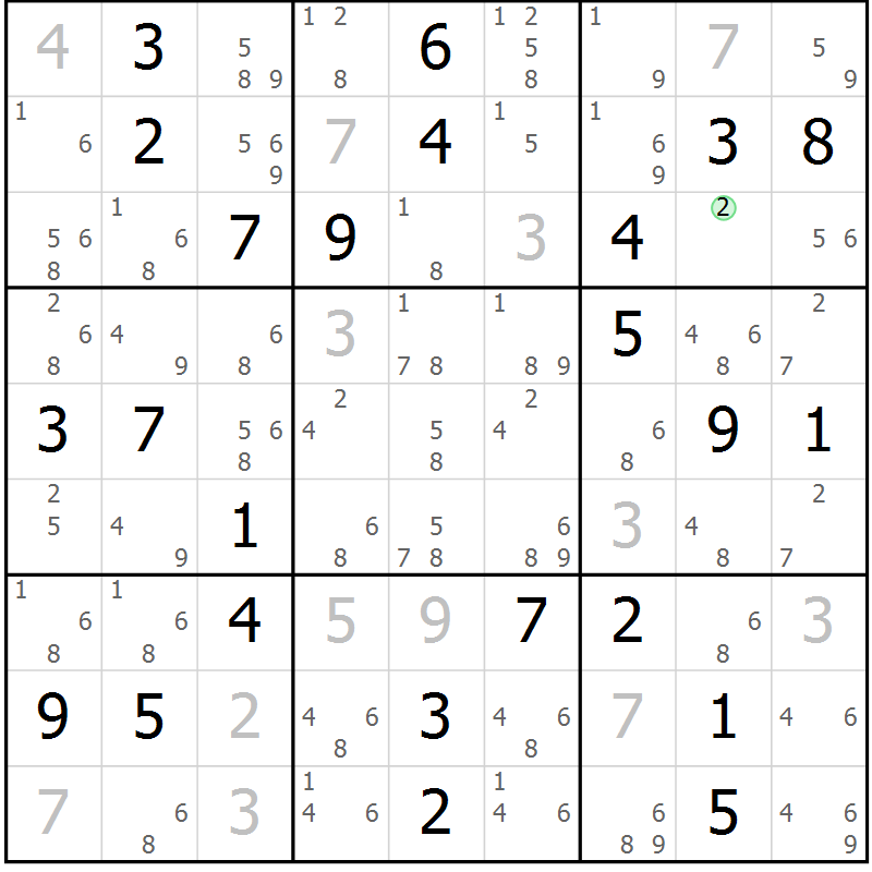 Position des candidats pour la solution de la Gr 84 page 87 du magazine de sudoku Maestro n° 087