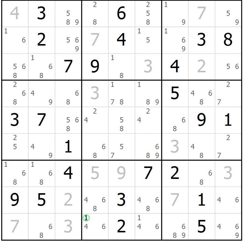 Position des candidats pour la solution de la Gr 84 page 87 du magazine de sudoku Maestro n° 087