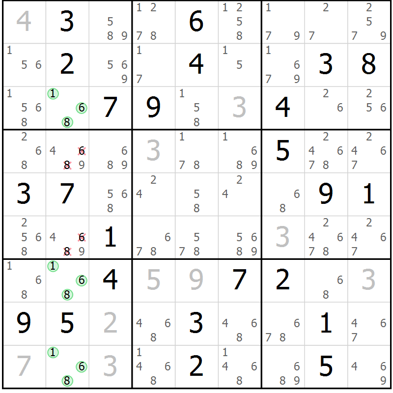 Position des candidats pour la solution de la Gr 84 page 87 du magazine de sudoku Maestro n° 087