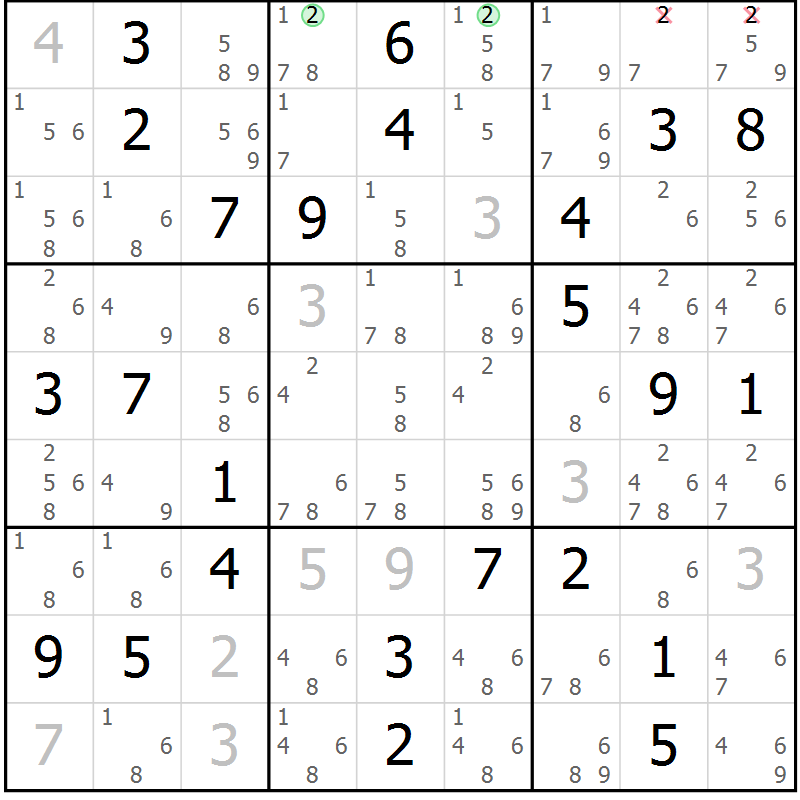 Position des candidats pour la solution de la Gr 84 page 87 du magazine de sudoku Maestro n° 087