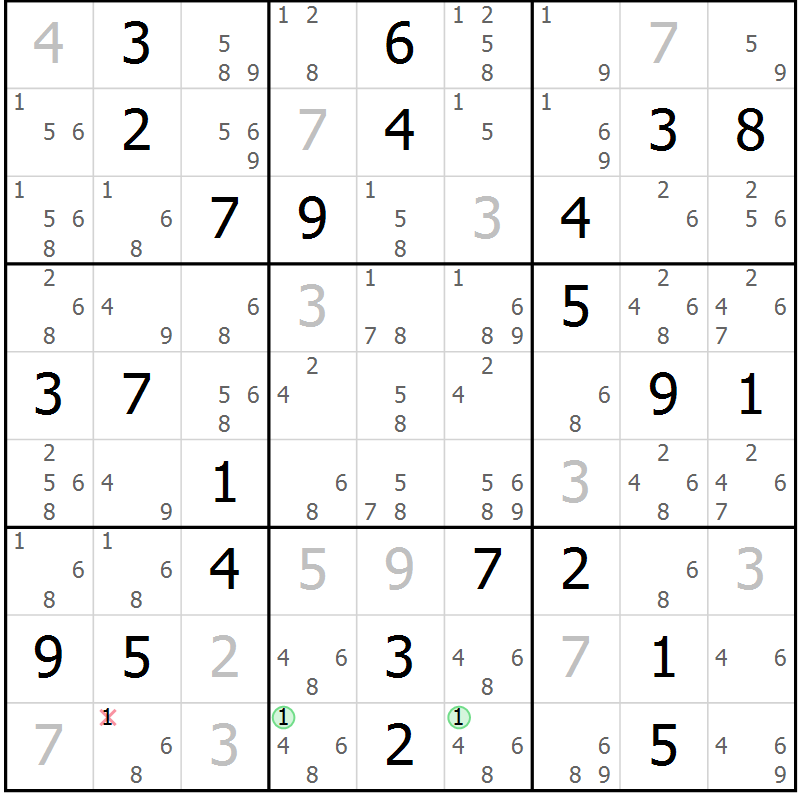 Position des candidats pour la solution de la Gr 84 page 87 du magazine de sudoku Maestro n° 087