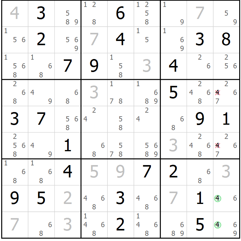 Position des candidats pour la solution de la Gr 84 page 87 du magazine de sudoku Maestro n° 087