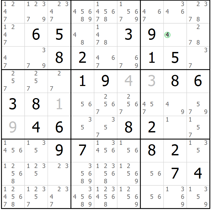 Position des candidats pour la solution de la Gr 9 page 12 du magazine de sudoku Maestro n° 087