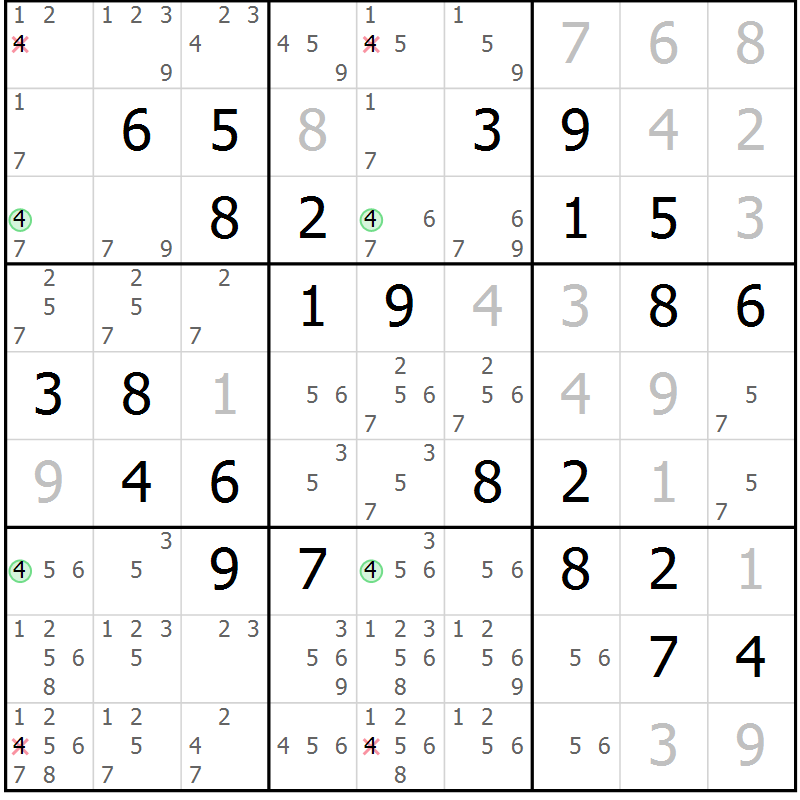 Position des candidats pour la solution de la Gr 9 page 12 du magazine de sudoku Maestro n° 087