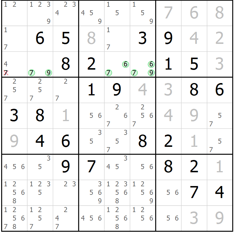 Position des candidats pour la solution de la Gr 9 page 12 du magazine de sudoku Maestro n° 087