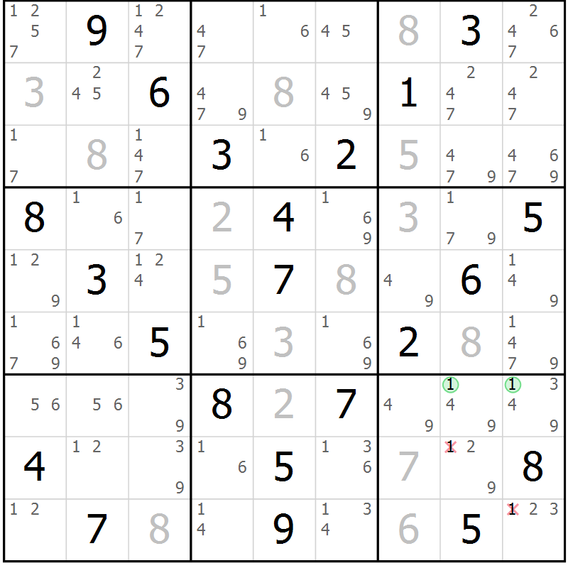 Position des candidats pour la solution de la Gr 1 page 4 du magazine de sudoku Maestro n° 094
