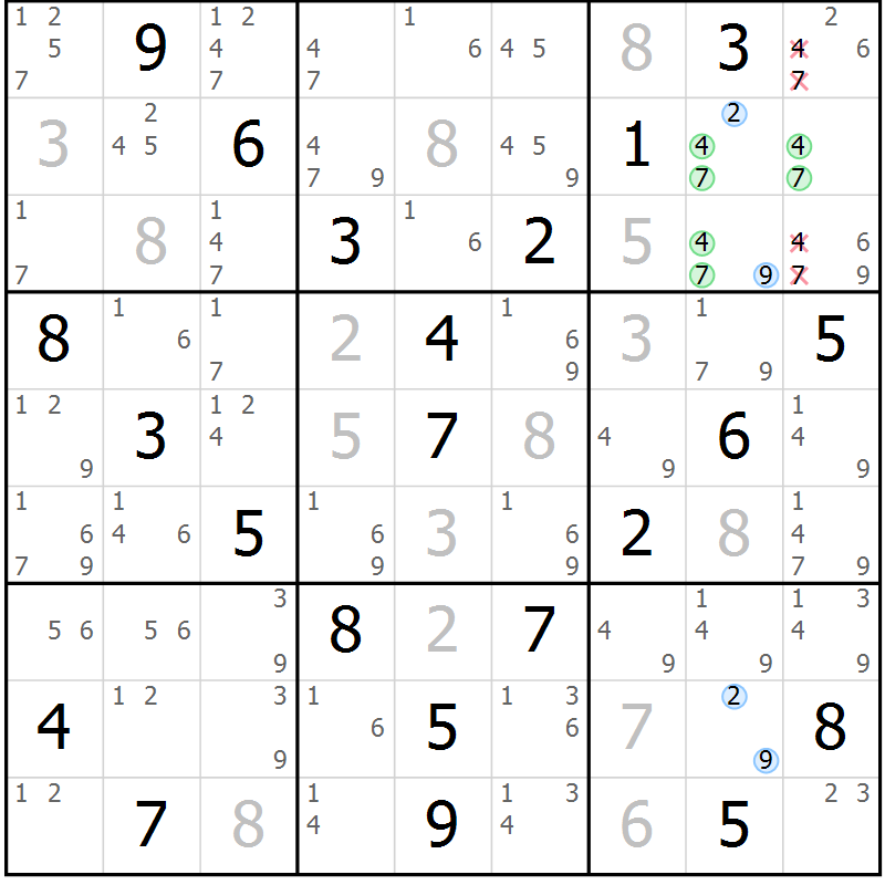 Position des candidats pour la solution de la Gr 1 page 4 du magazine de sudoku Maestro n° 094