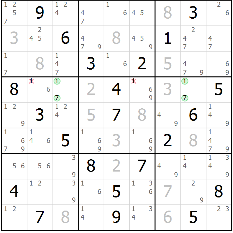 Position des candidats pour la solution de la Gr 1 page 4 du magazine de sudoku Maestro n° 094