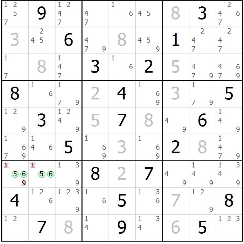 Position des candidats pour la solution de la Gr 1 page 4 du magazine de sudoku Maestro n° 094
