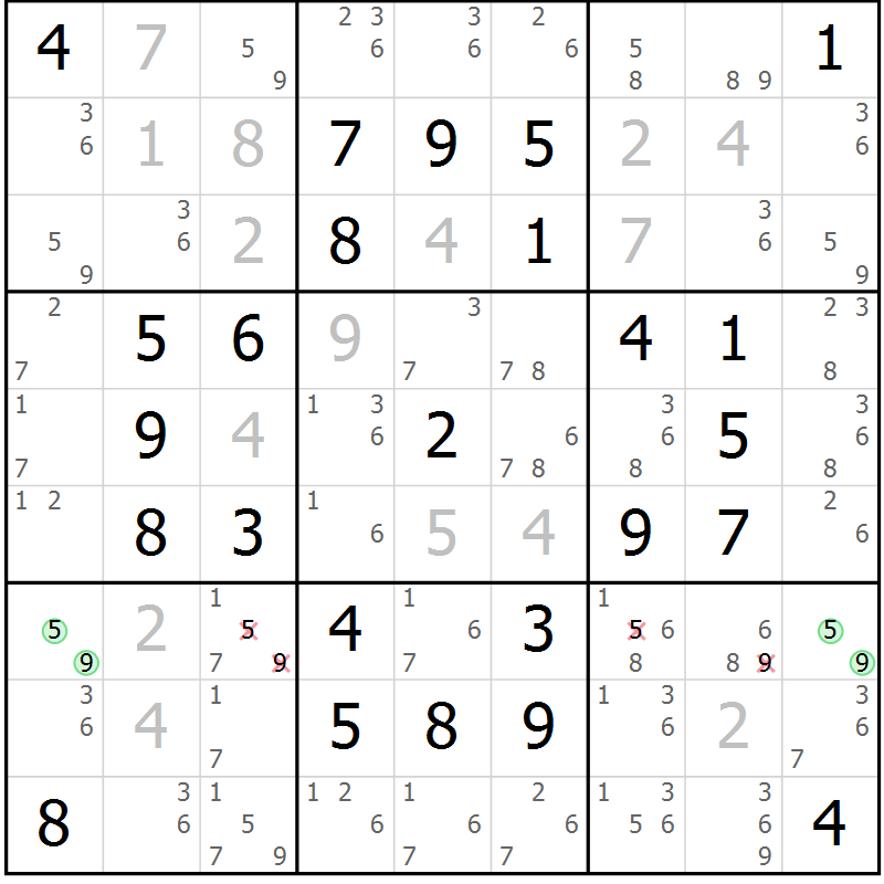 Position des candidats pour la solution de la Gr 10 page 13 du magazine de sudoku Maestro n° 094