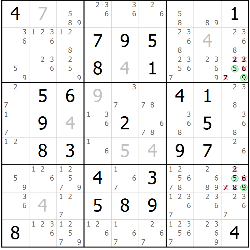 Position des candidats pour la solution de la Gr 10 page 13 du magazine de sudoku Maestro n° 094