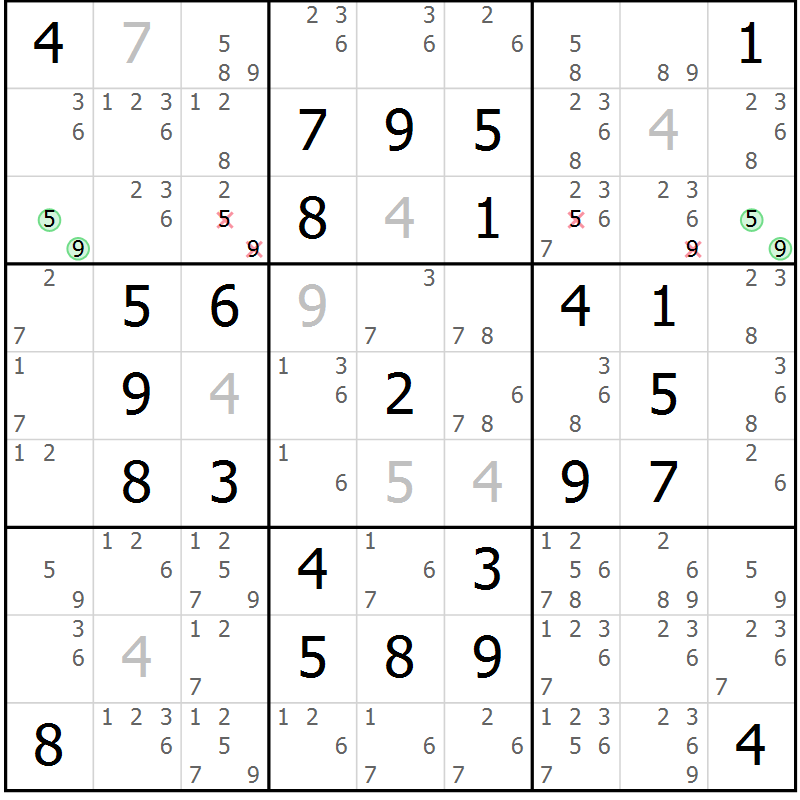 Position des candidats pour la solution de la Gr 10 page 13 du magazine de sudoku Maestro n° 094