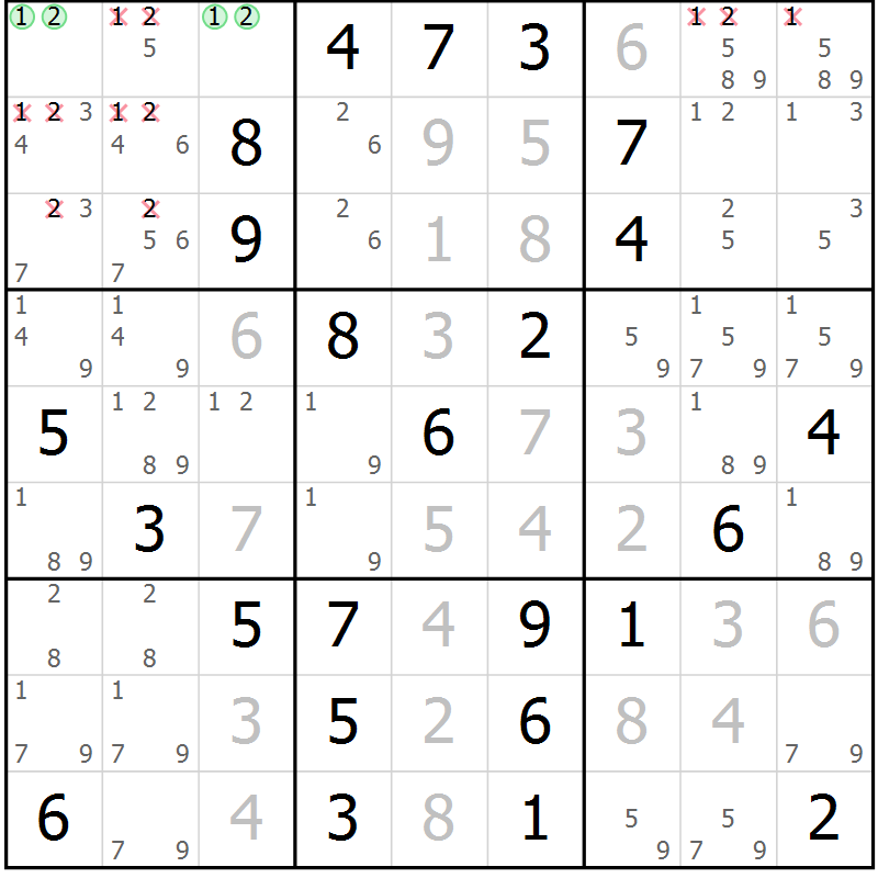 Position des candidats pour la solution de la Gr 16 page 19 du magazine de sudoku Maestro n° 094