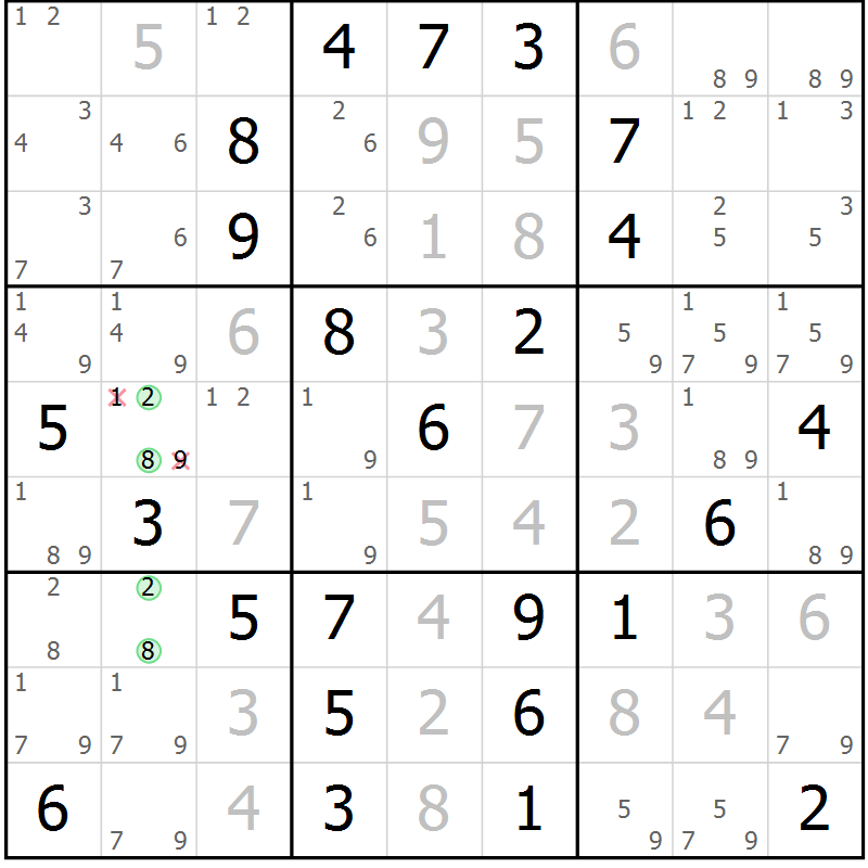 Position des candidats pour la solution de la Gr 16 page 19 du magazine de sudoku Maestro n° 094