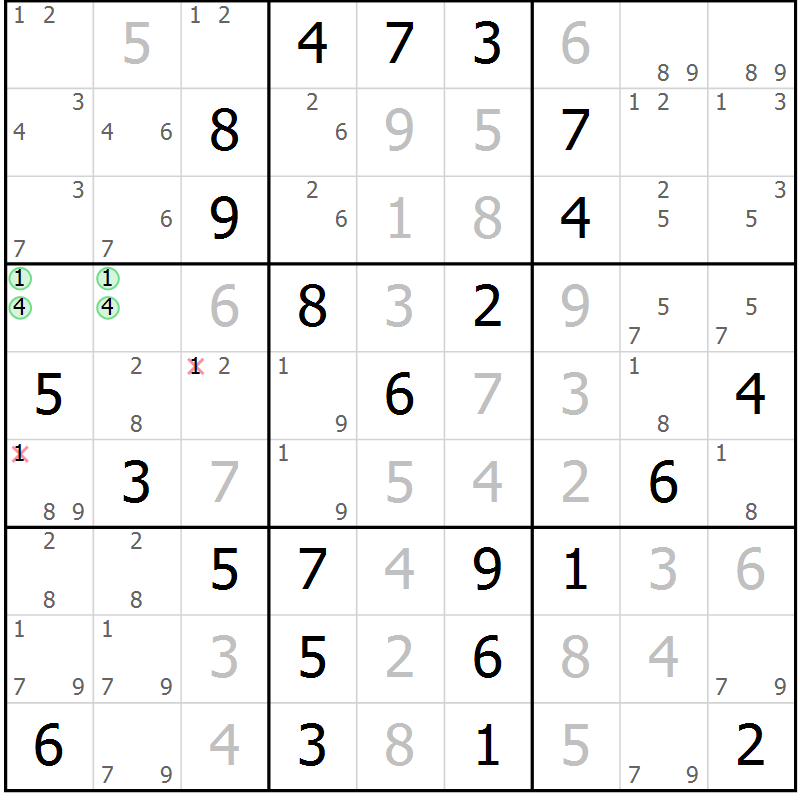 Position des candidats pour la solution de la Gr 16 page 19 du magazine de sudoku Maestro n° 094