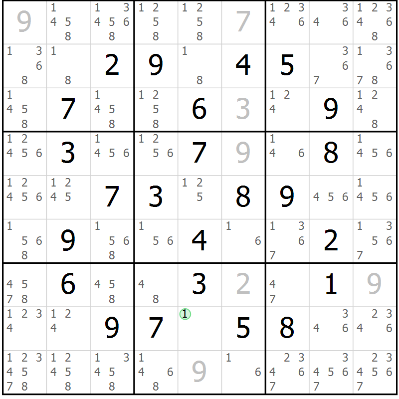 Position des candidats pour la solution de la Gr 18 page 21 du magazine de sudoku Maestro n° 094