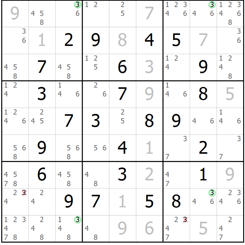 Position des candidats pour la solution de la Gr 18 page 21 du magazine de sudoku Maestro n° 094