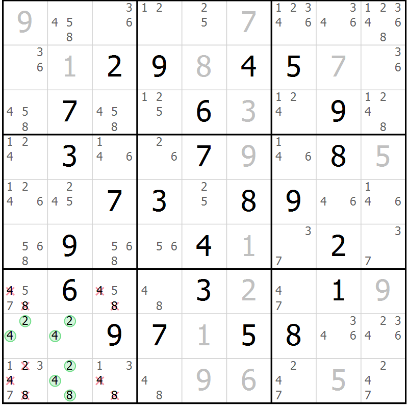 Position des candidats pour la solution de la Gr 18 page 21 du magazine de sudoku Maestro n° 094