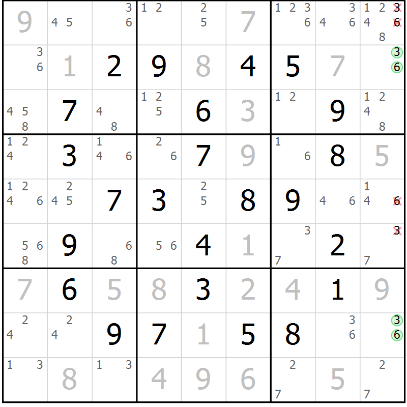 Position des candidats pour la solution de la Gr 18 page 21 du magazine de sudoku Maestro n° 094