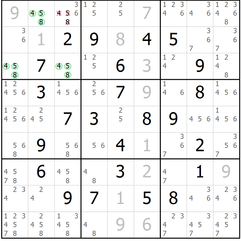 Position des candidats pour la solution de la Gr 18 page 21 du magazine de sudoku Maestro n° 094
