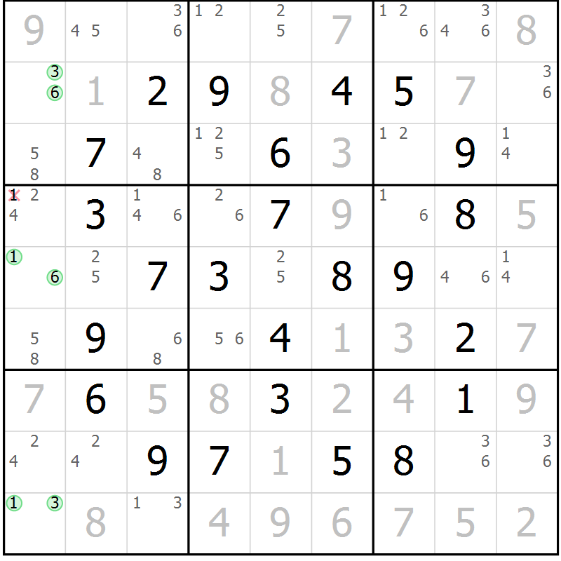 Position des candidats pour la solution de la Gr 18 page 21 du magazine de sudoku Maestro n° 094