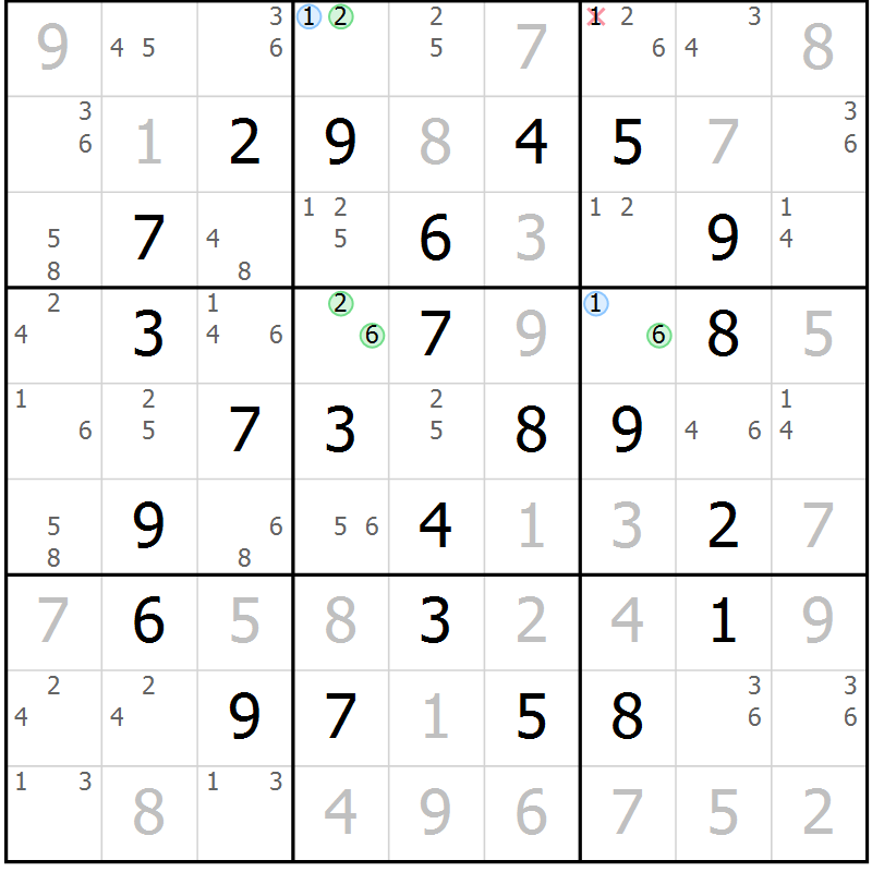 Position des candidats pour la solution de la Gr 18 page 21 du magazine de sudoku Maestro n° 094