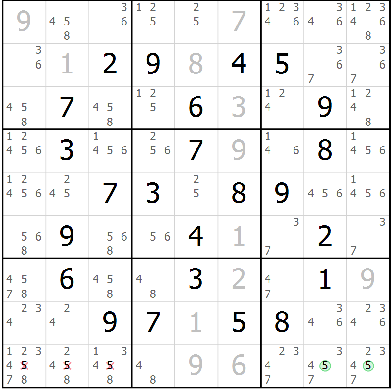 Position des candidats pour la solution de la Gr 18 page 21 du magazine de sudoku Maestro n° 094