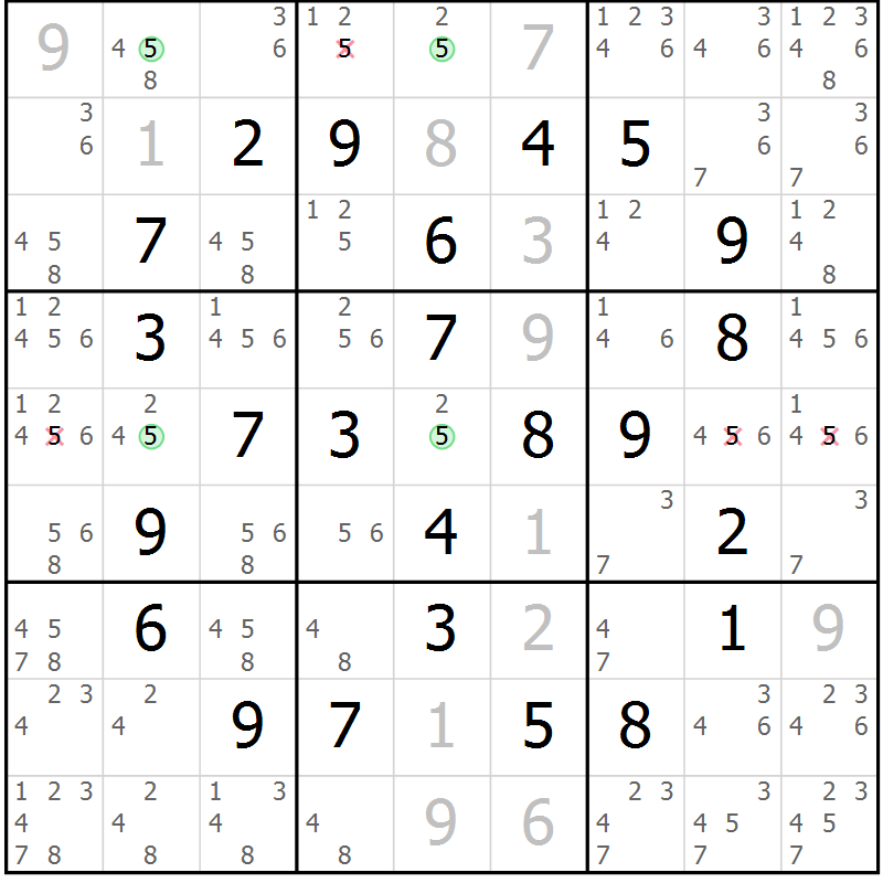 Position des candidats pour la solution de la Gr 18 page 21 du magazine de sudoku Maestro n° 094