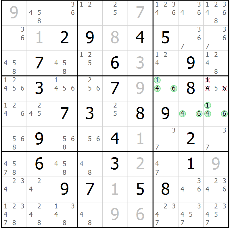 Position des candidats pour la solution de la Gr 18 page 21 du magazine de sudoku Maestro n° 094